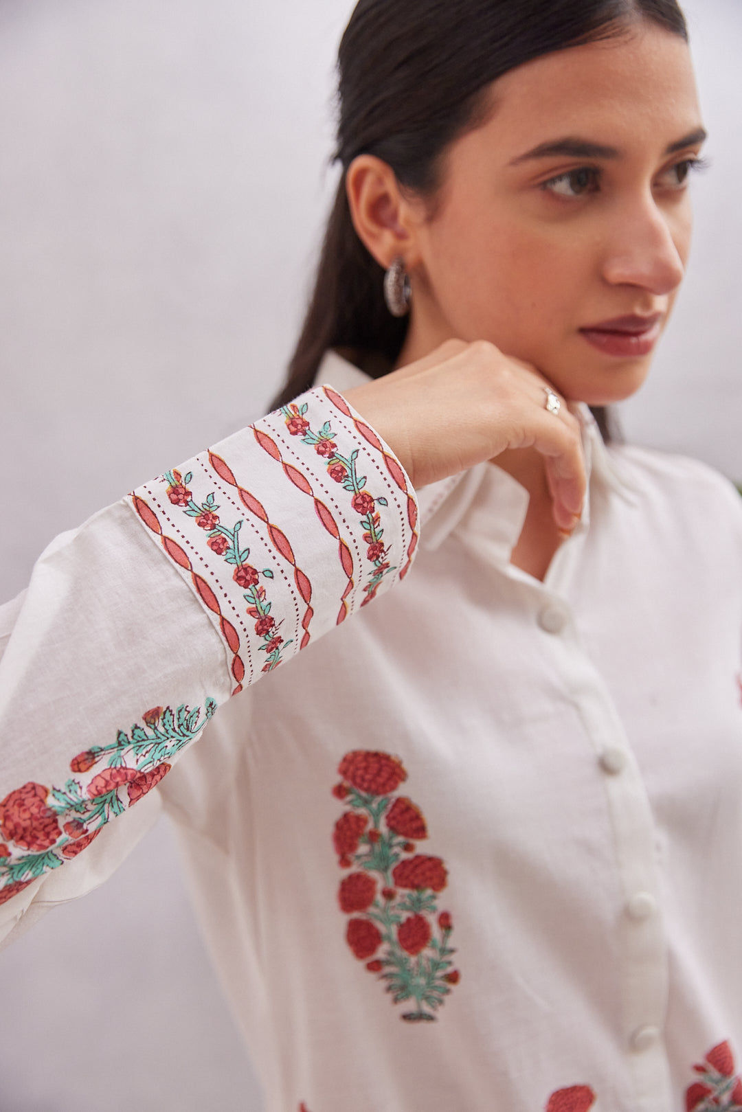 Crimson Bloom Kurta  White with Red & Green Accents