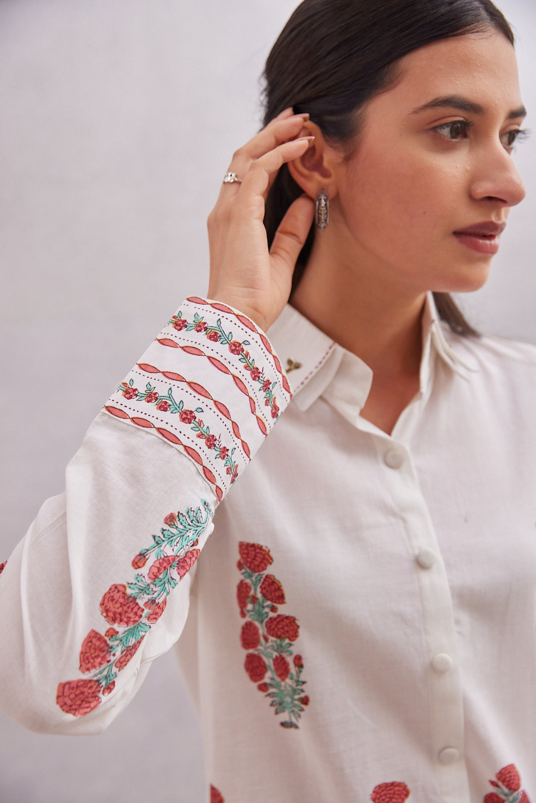 Crimson Bloom Kurta  White with Red & Green Accents