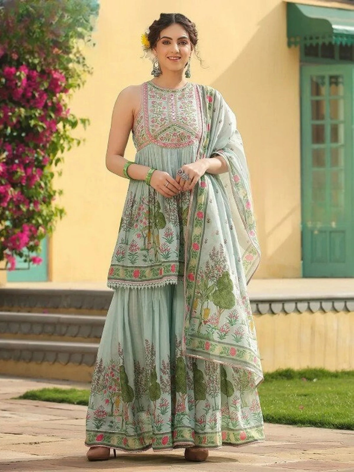 Light Green Mul Cotton Printed Block Round Floret Anarkali Sharara Set