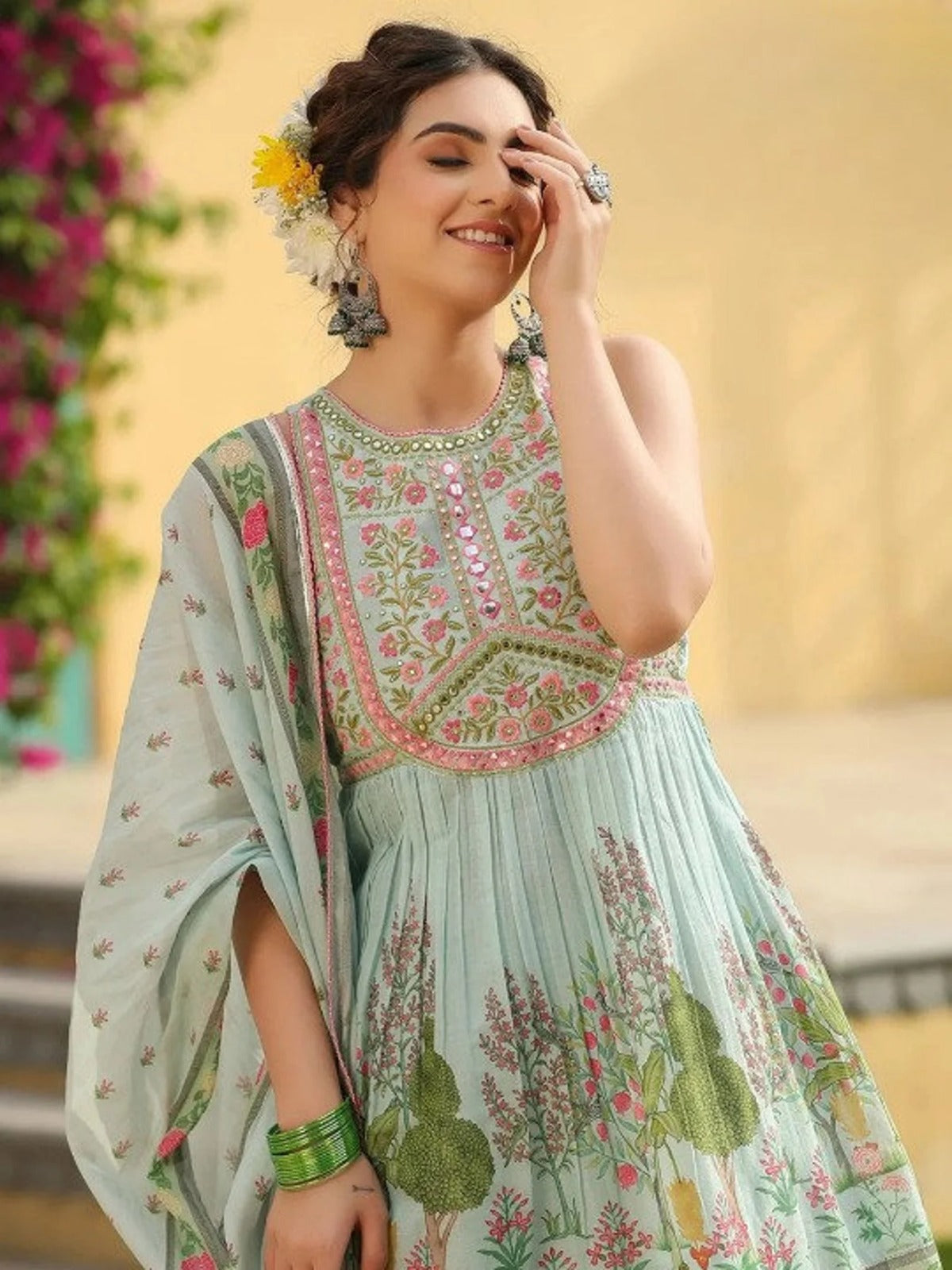 Light Green Mul Cotton Printed Block Round Floret Anarkali Sharara Set