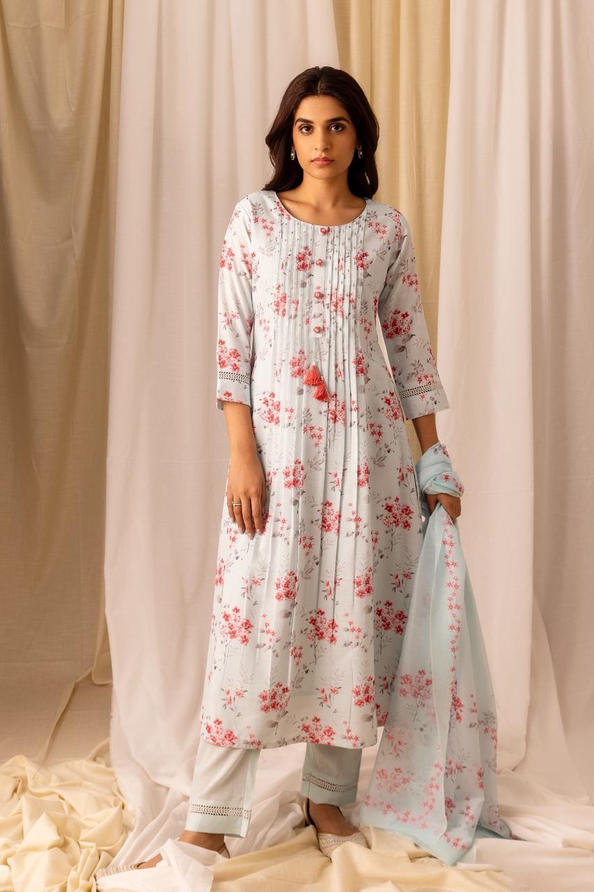 Linen Sky Blue flower print kurta pant and dupatta set