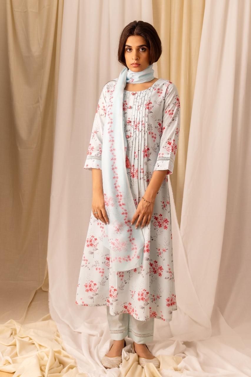 Linen Sky Blue flower print kurta pant and dupatta set