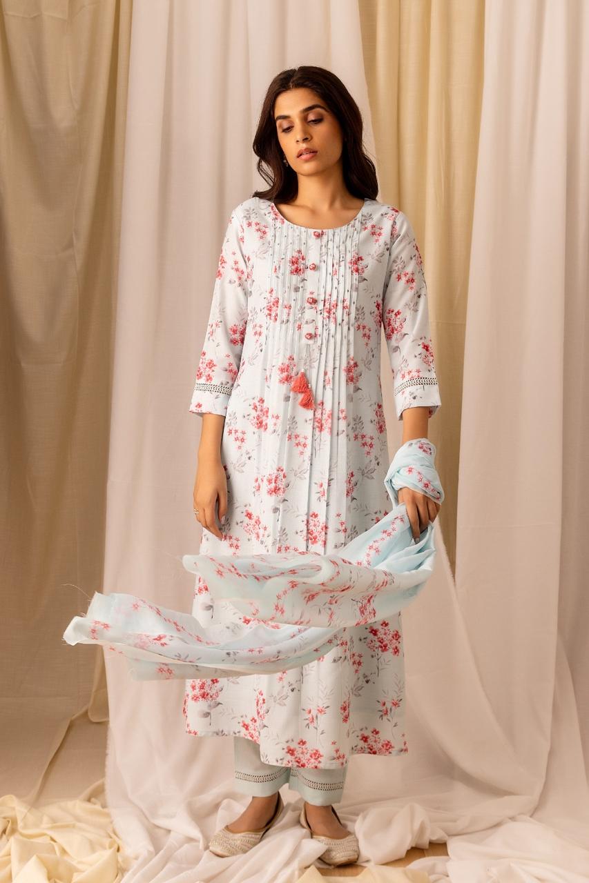 Linen Sky Blue flower print kurta pant and dupatta set