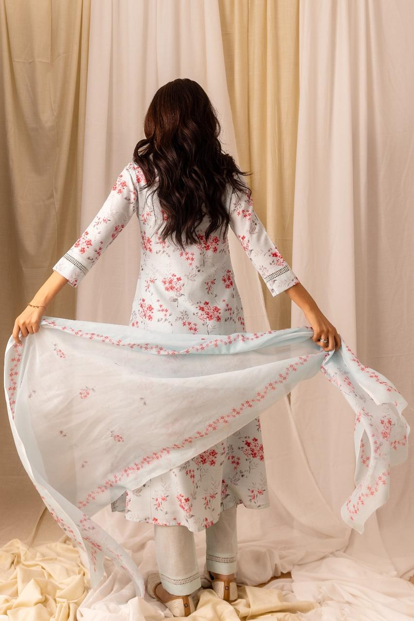 Linen Sky Blue flower print kurta pant and dupatta set