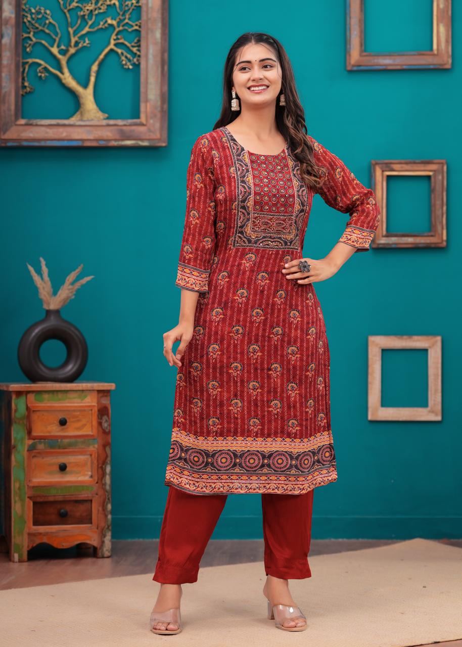 Maroon hand block printed ajrakh suit