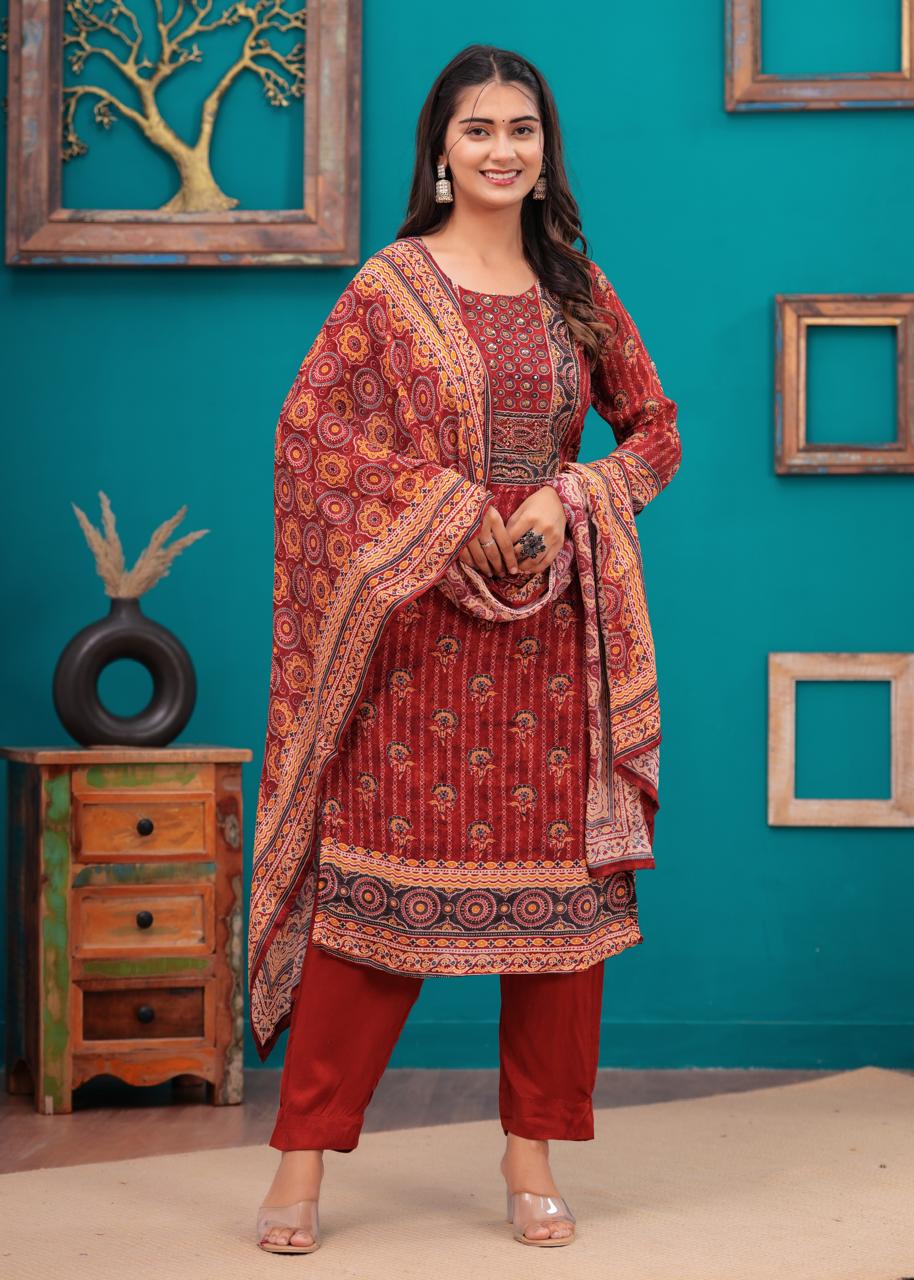 Maroon hand block printed ajrakh suit