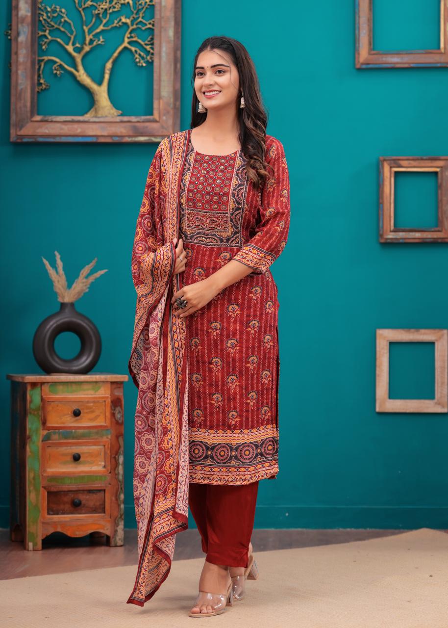 Maroon hand block printed ajrakh suit