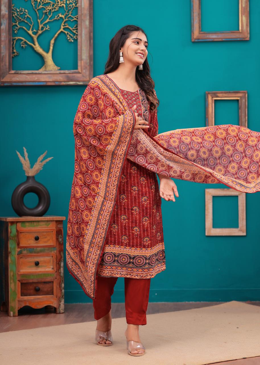 Maroon hand block printed ajrakh suit