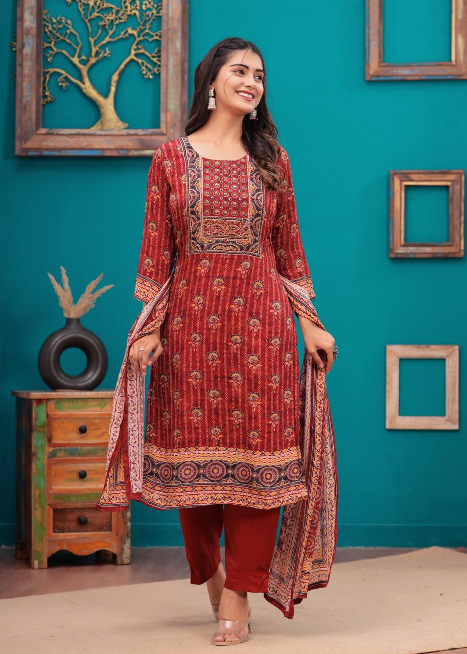 Maroon hand block printed ajrakh suit