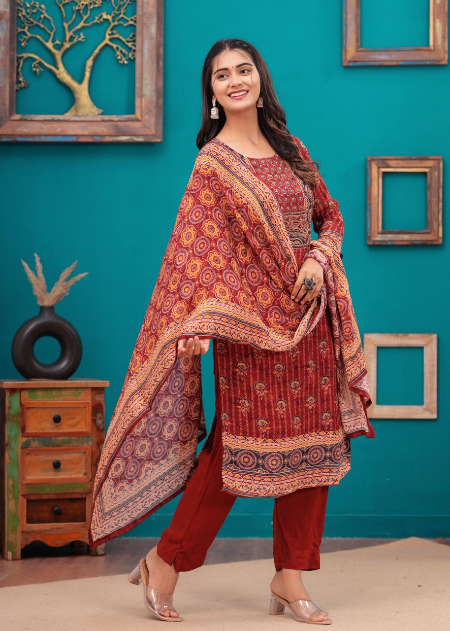 Maroon hand block printed ajrakh suit