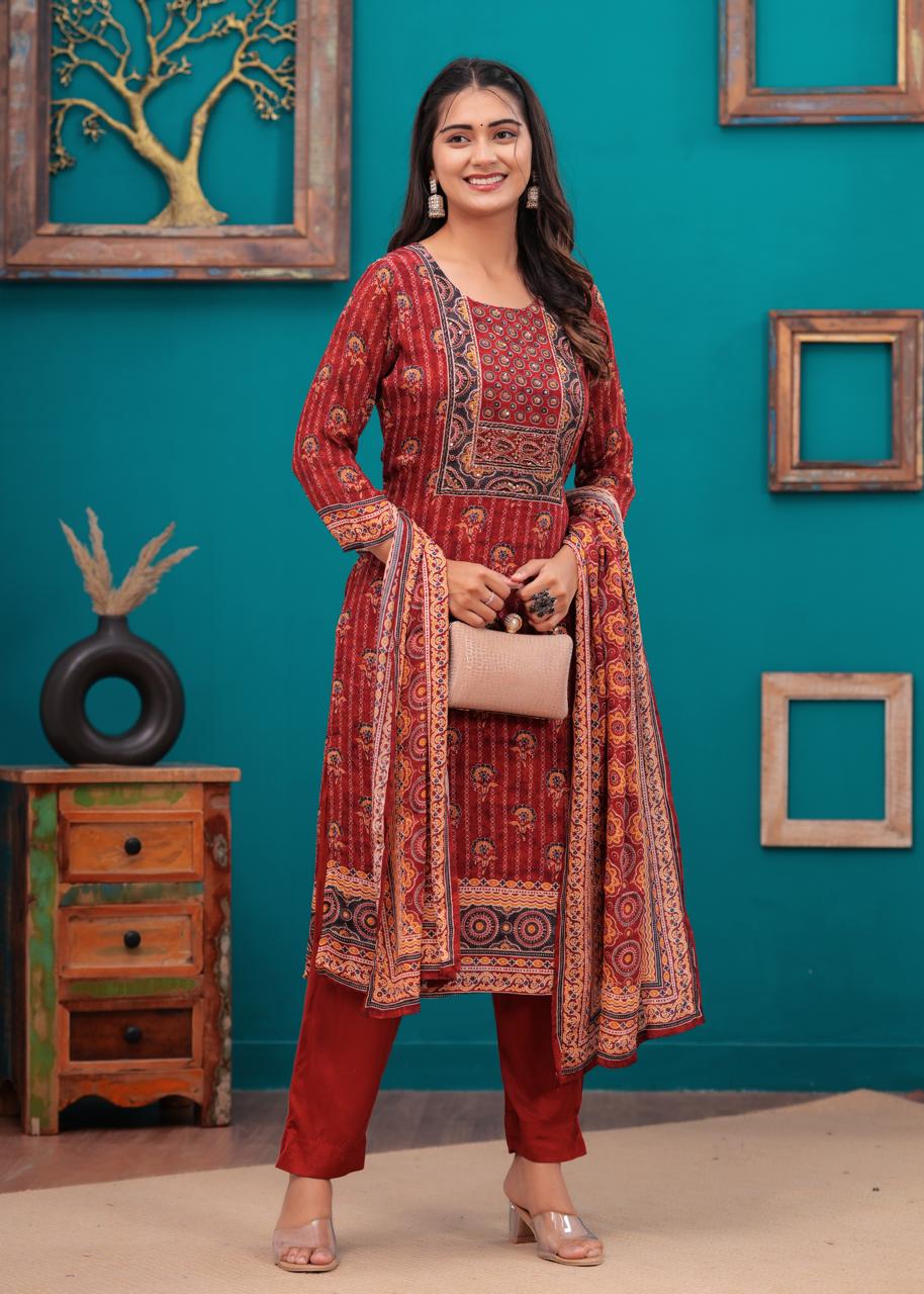 Maroon hand block printed ajrakh suit