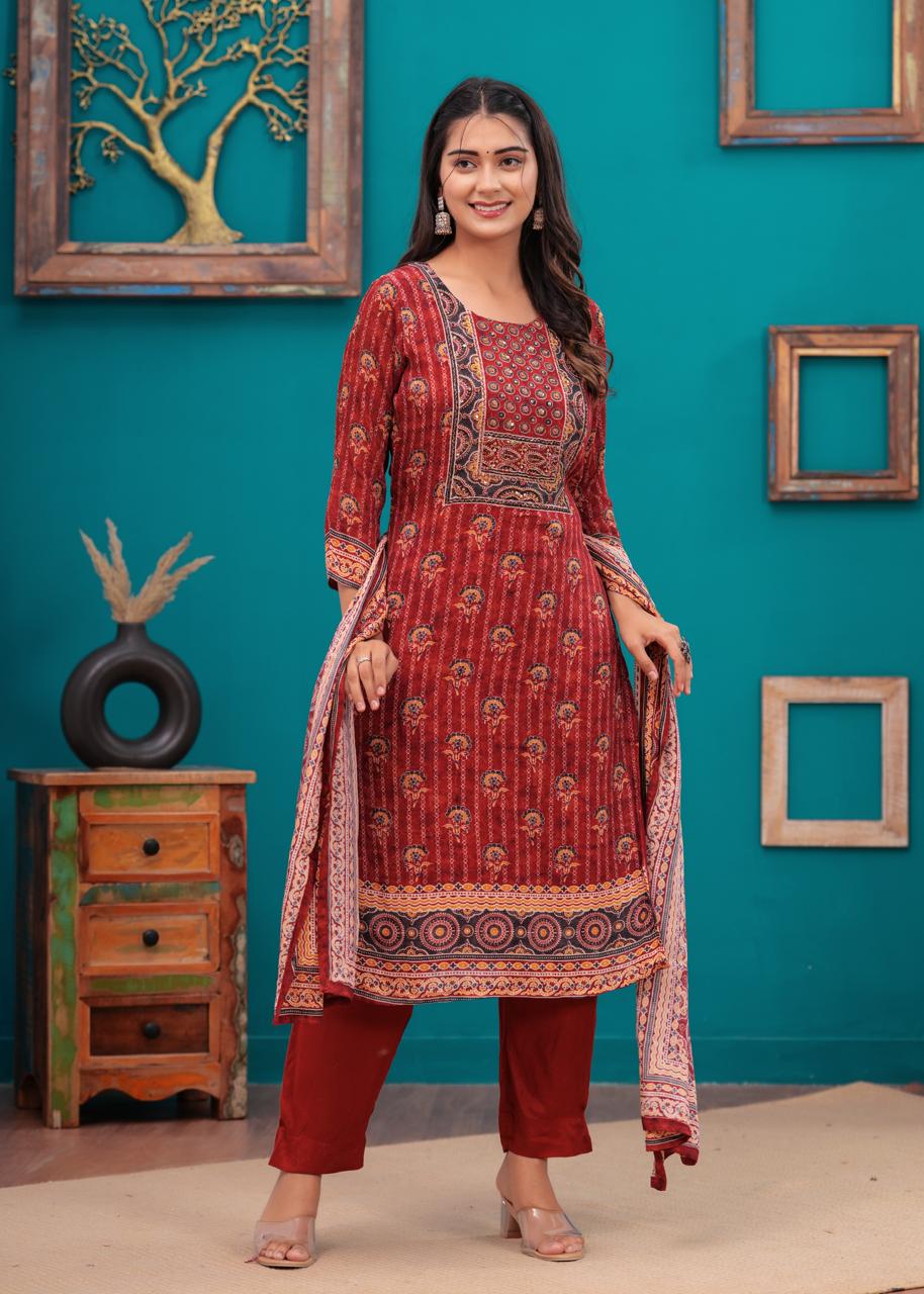 Maroon hand block printed ajrakh suit