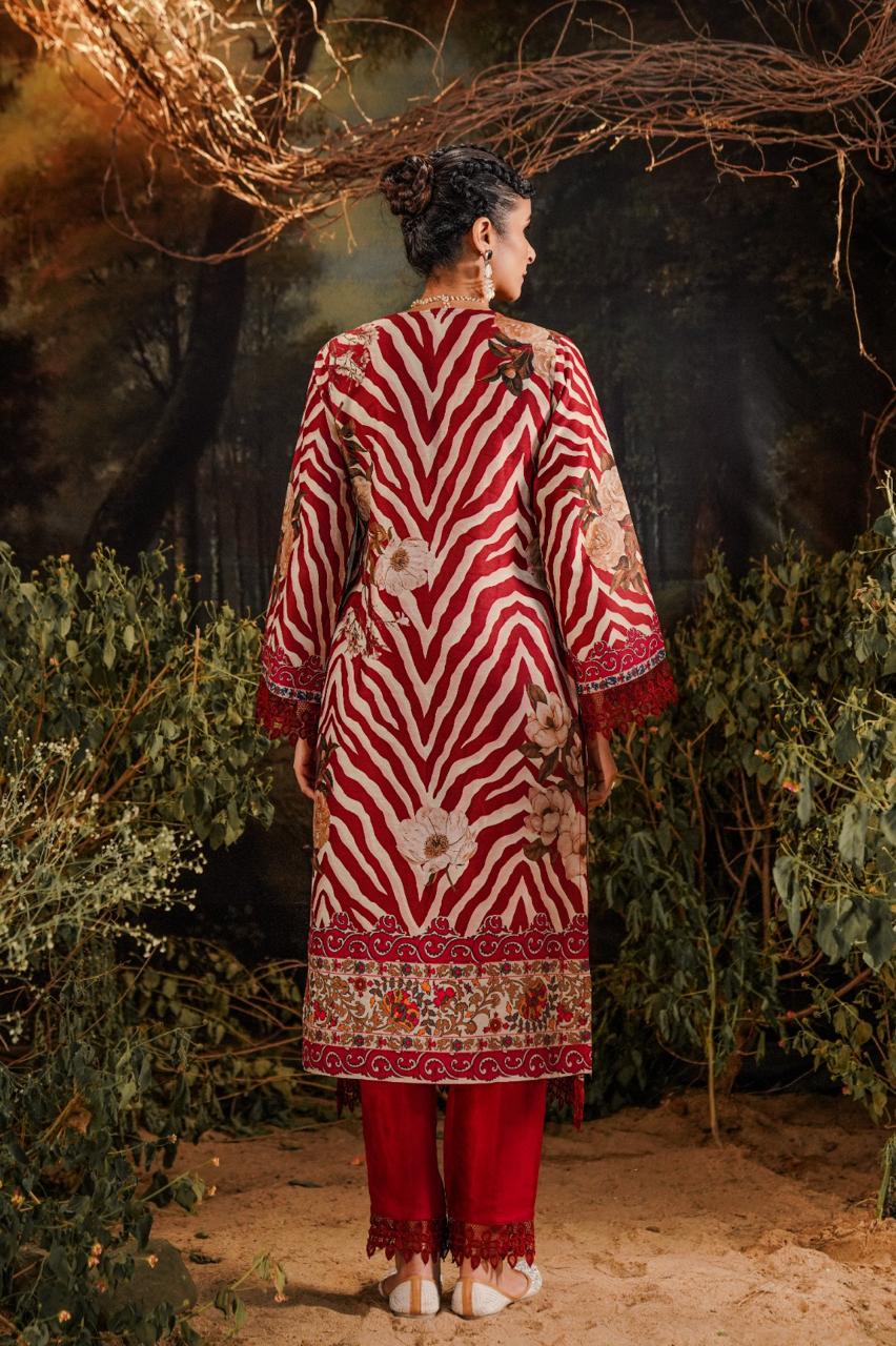 Maroon stripes print pakistani suit set