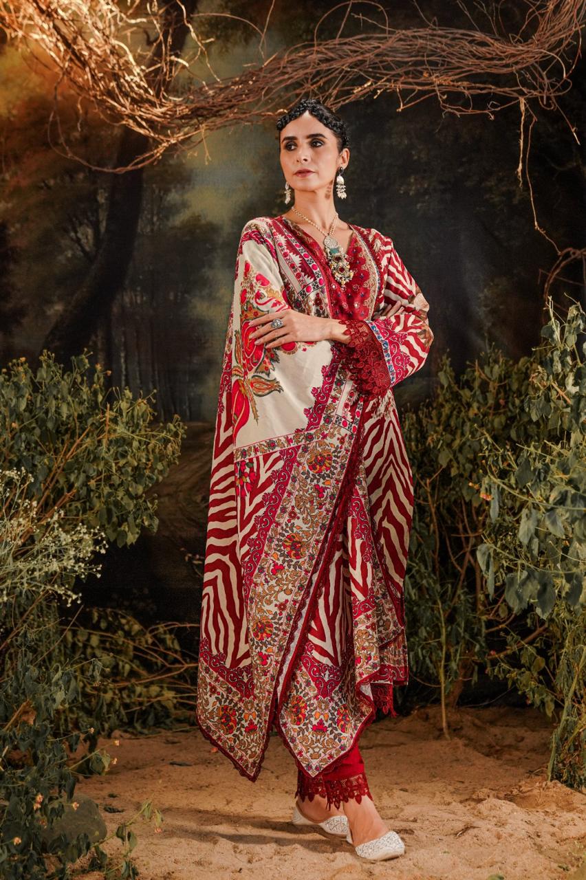 Maroon stripes print pakistani suit set