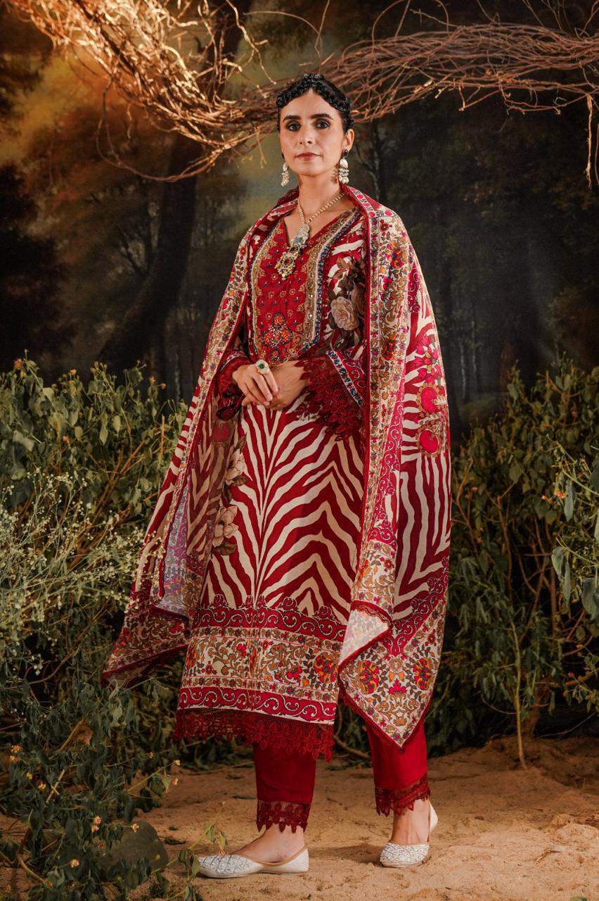 Maroon stripes print pakistani suit set