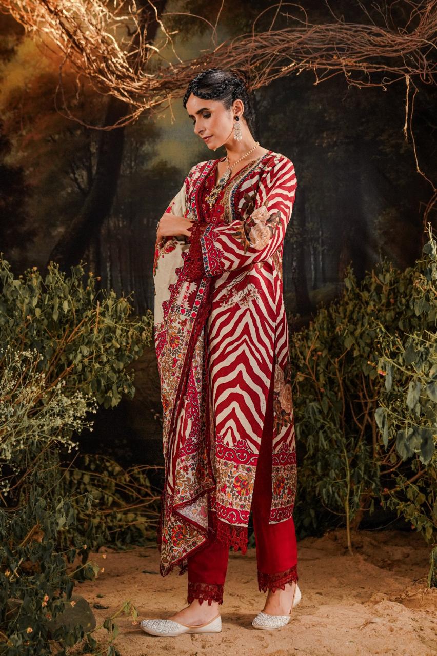 Maroon stripes print pakistani suit set