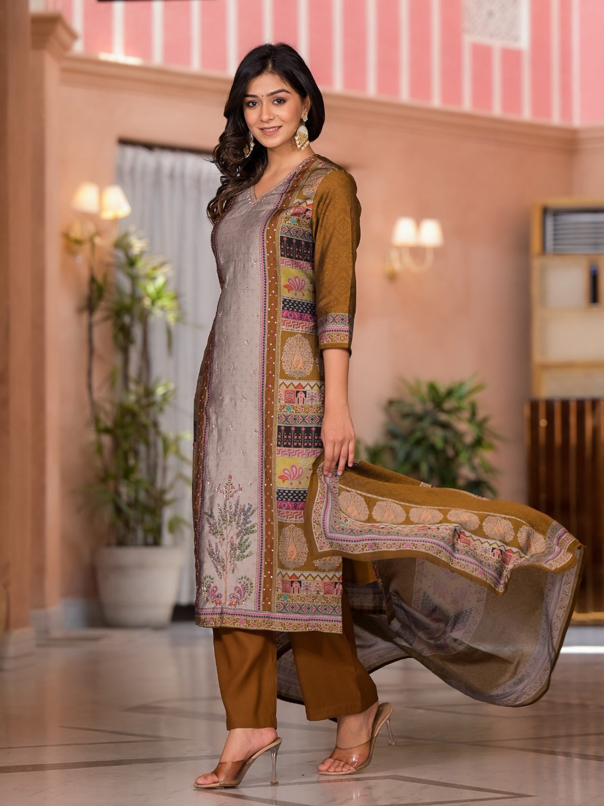 Mustard Brown Embroidered Silk suit set