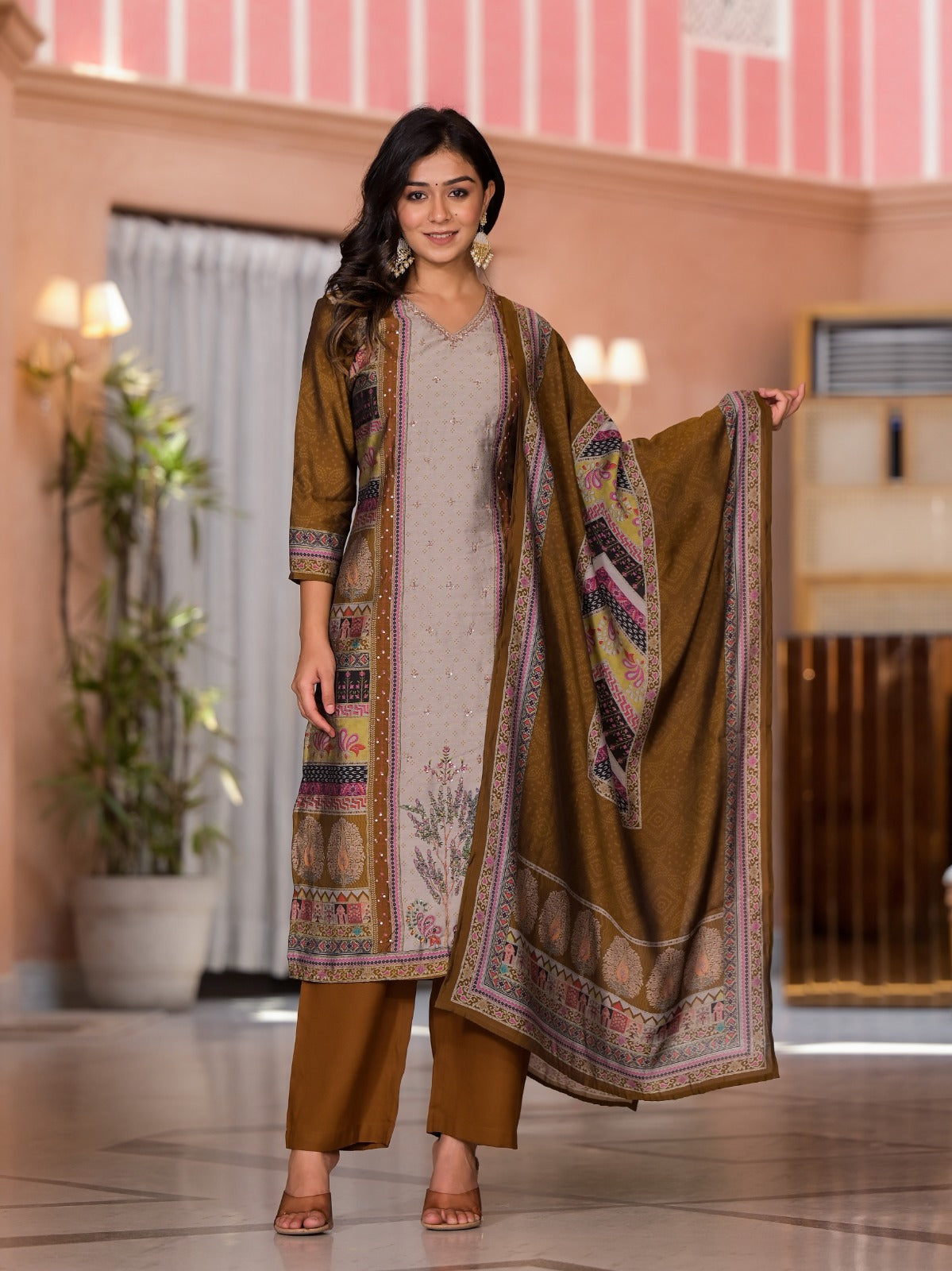 Mustard Brown Embroidered Silk suit set