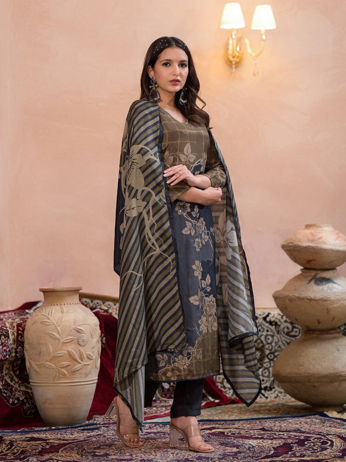 Navy Blue Color Pashmina Digital Print  Suit set