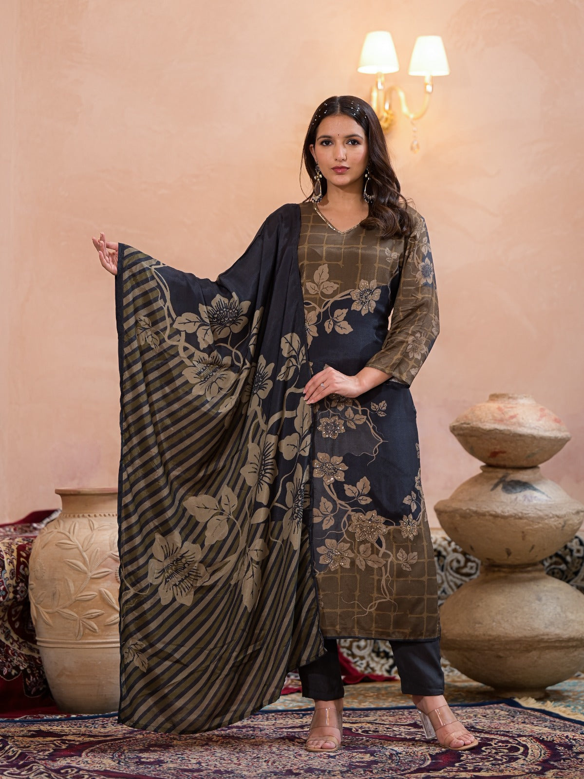 Navy Blue Color Pashmina Digital Print  Suit set