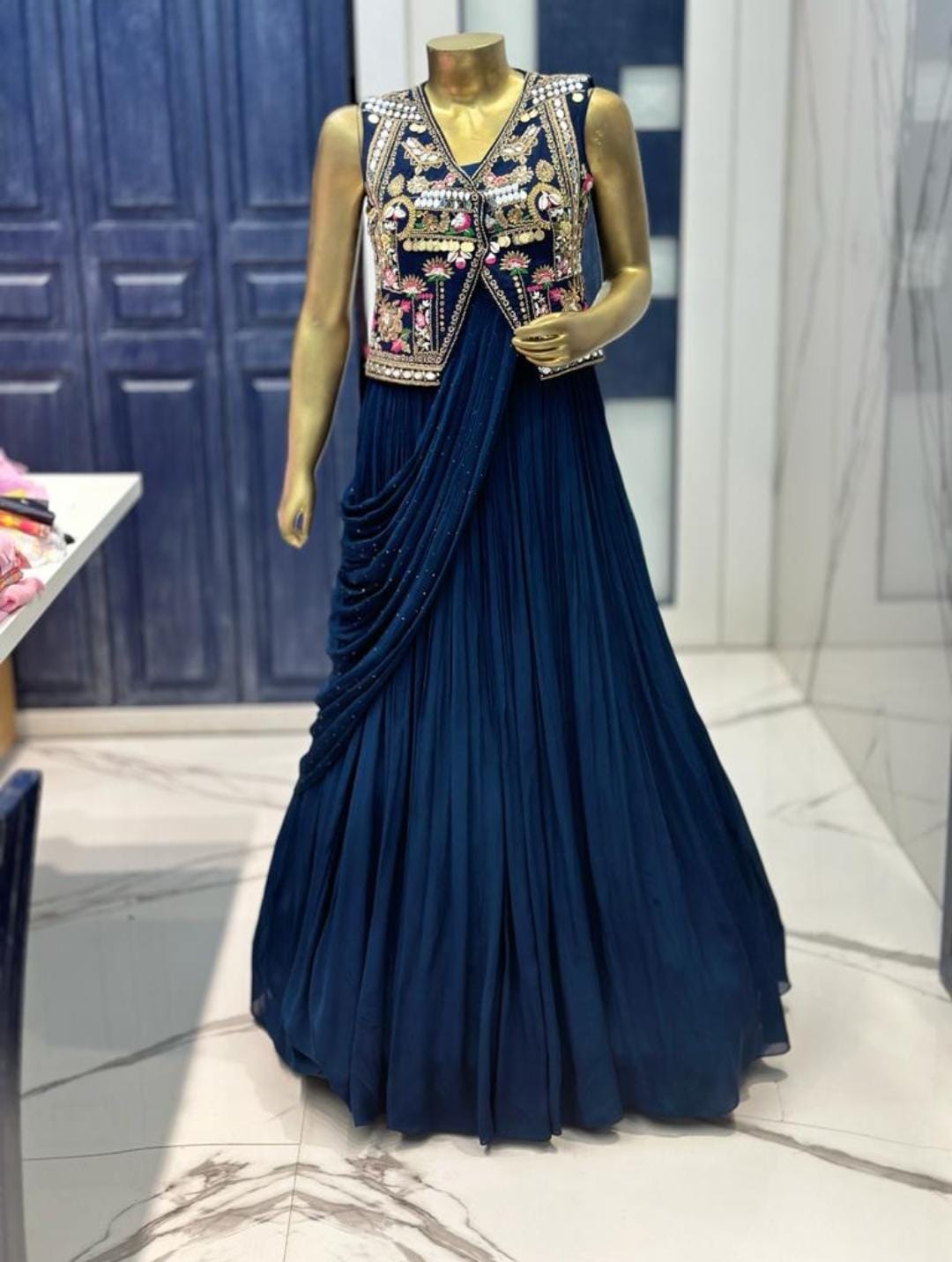 Navy Blue colored embroidered skirt drape dress