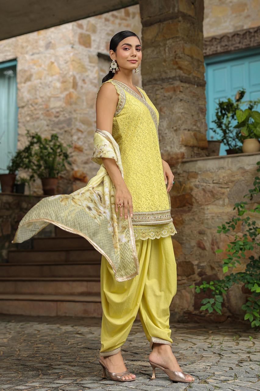 Net printed short kurti and dhoti pant with potli bag