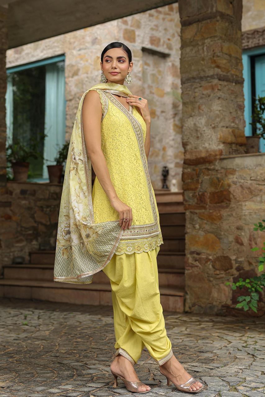 Net printed short kurti and dhoti pant with potli bag