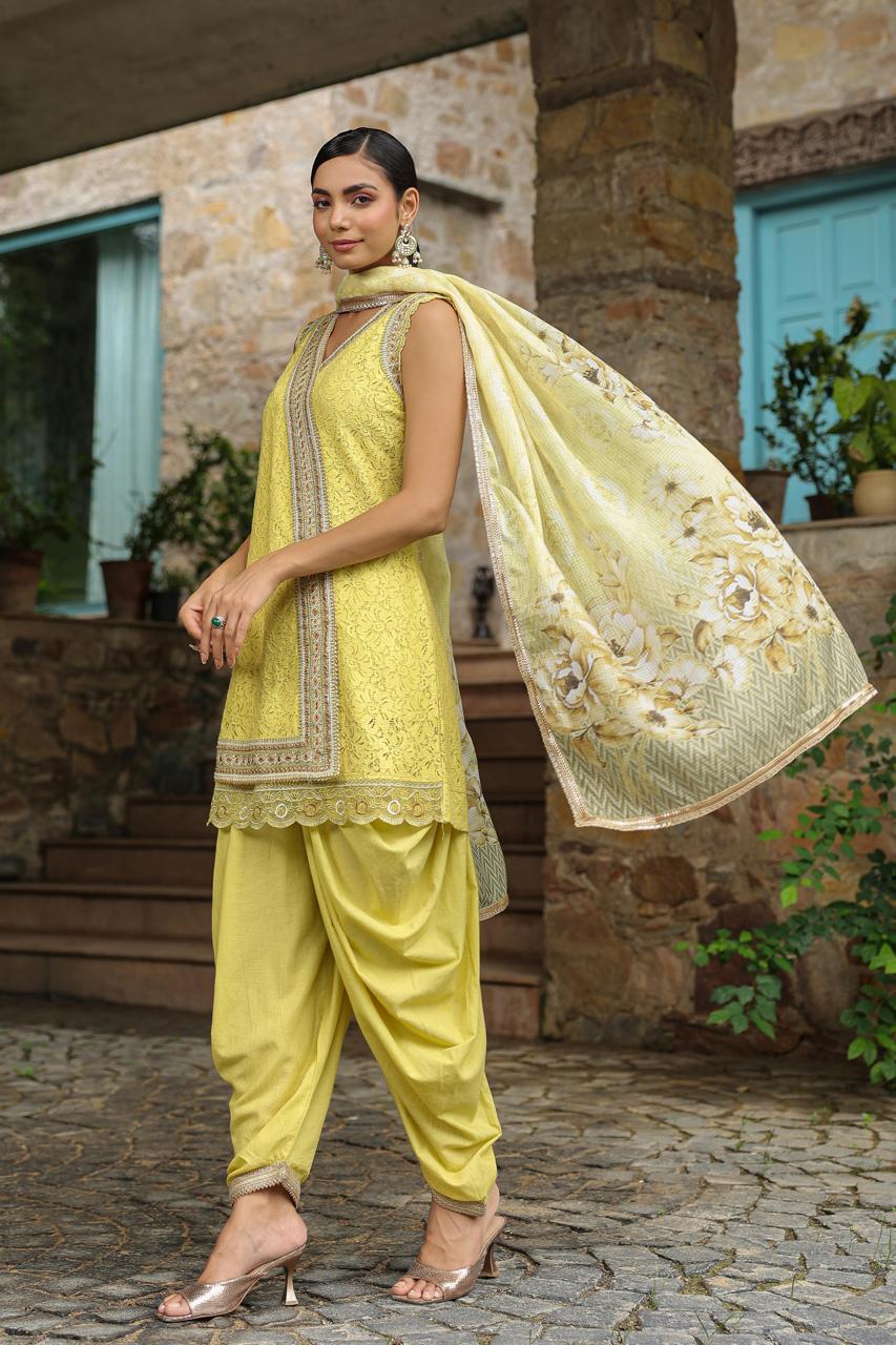 Net printed short kurti and dhoti pant with potli bag