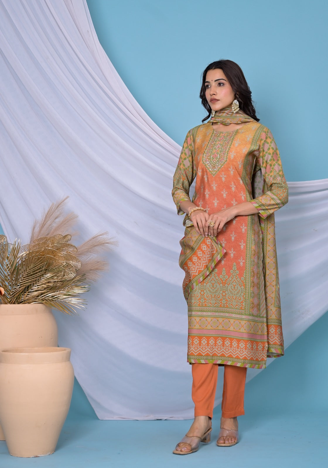 Ombre Orange printed kurta set with dupatta