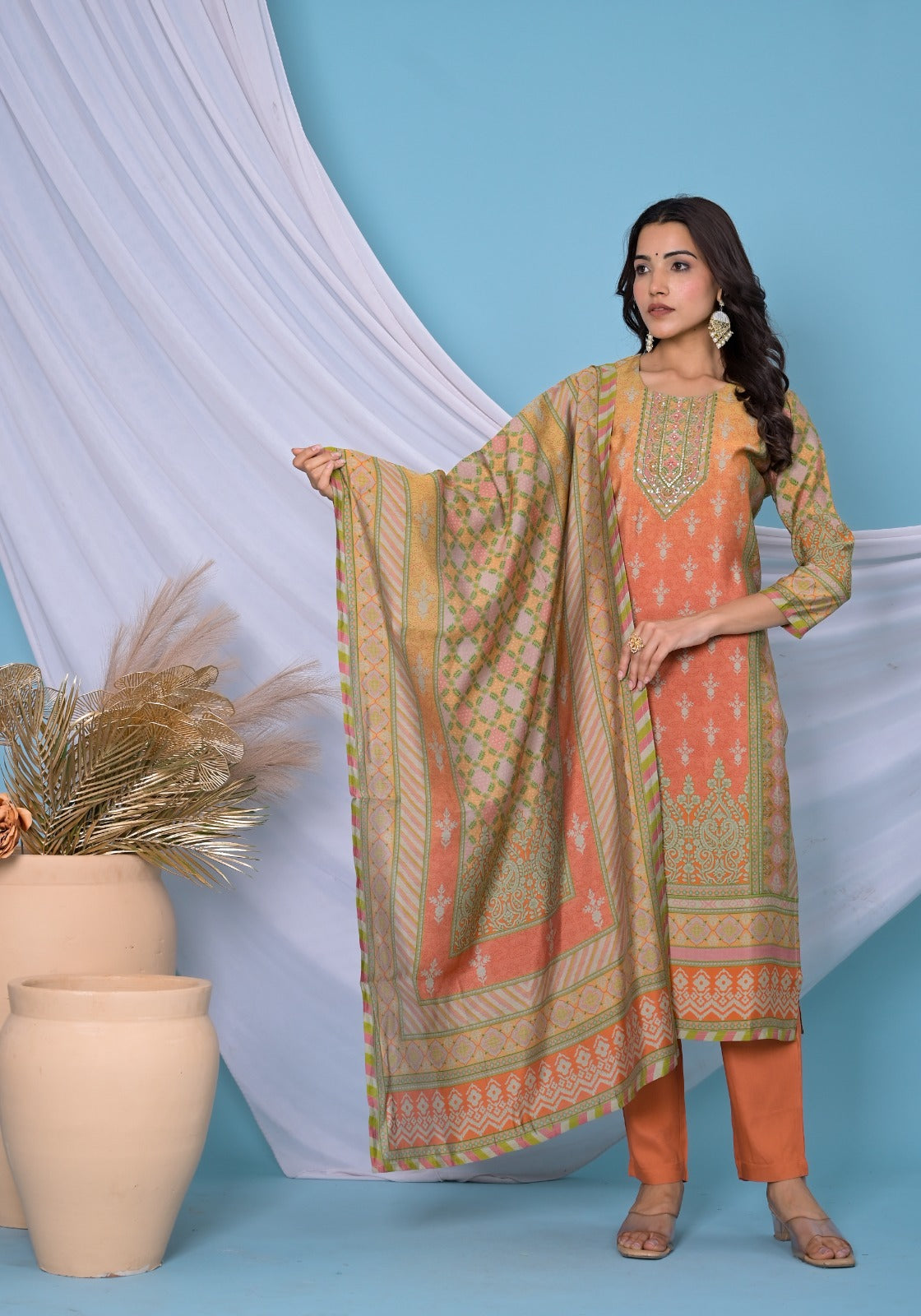 Ombre Orange printed kurta set with dupatta