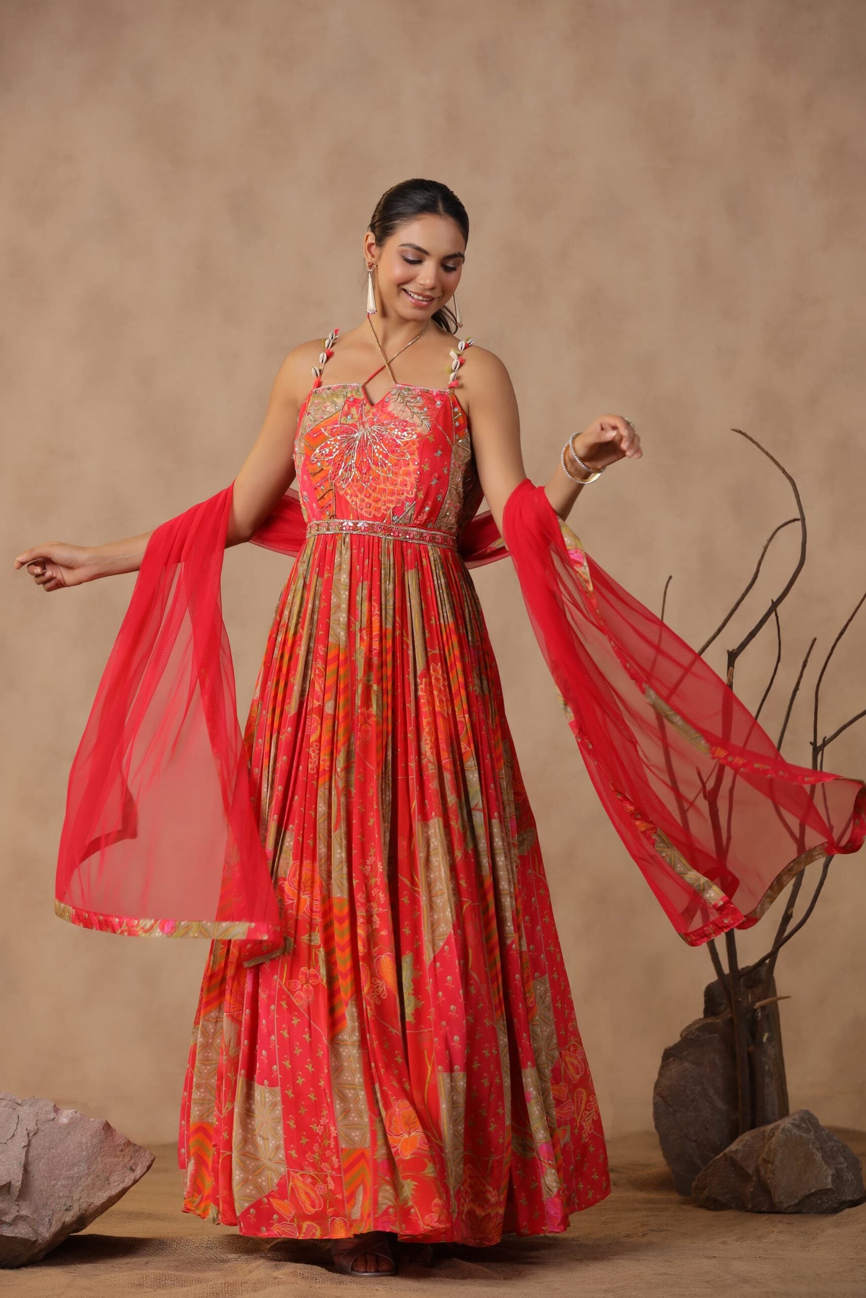 Orange Floral print 2-pcs gown and dupaatta set