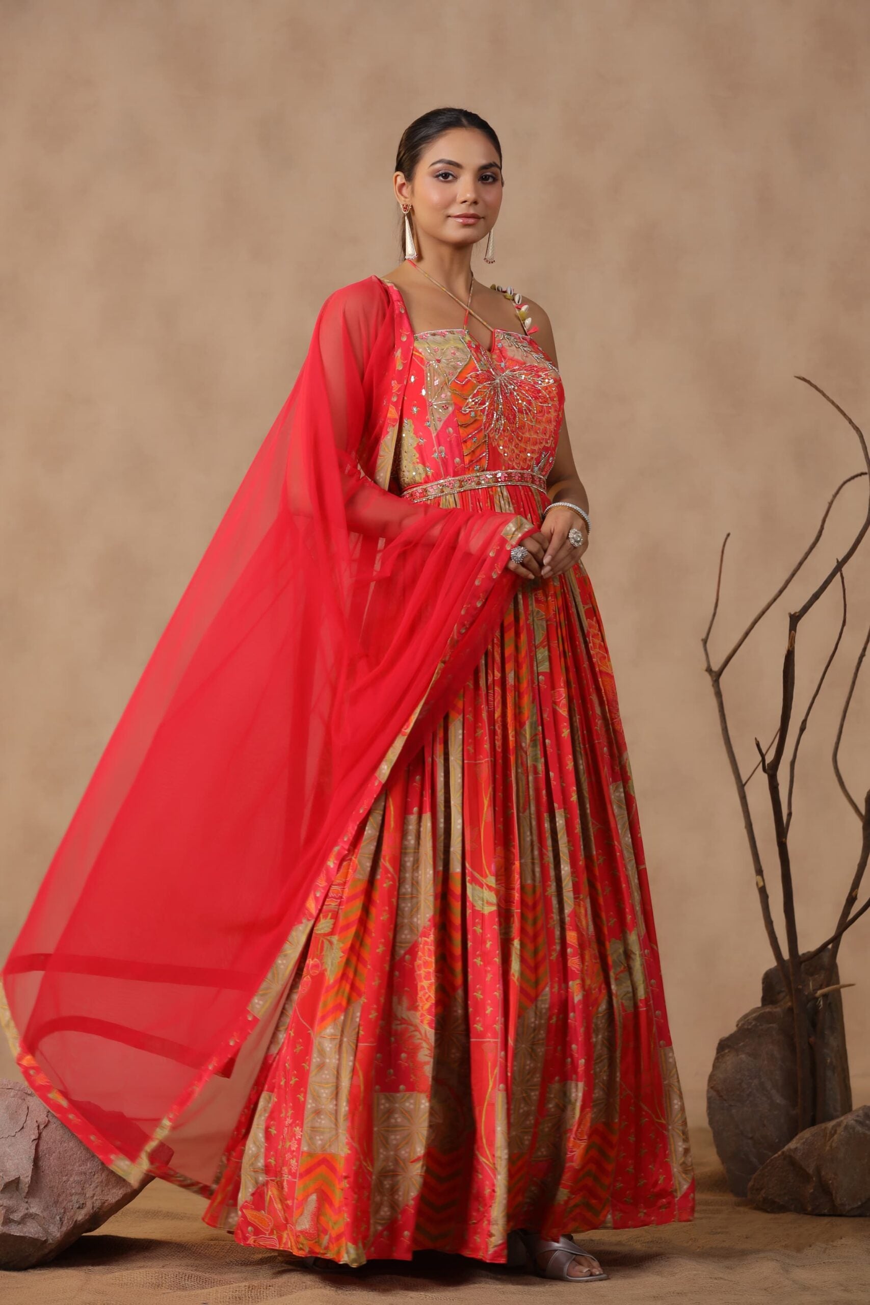 Orange Floral print 2-pcs gown and dupaatta set