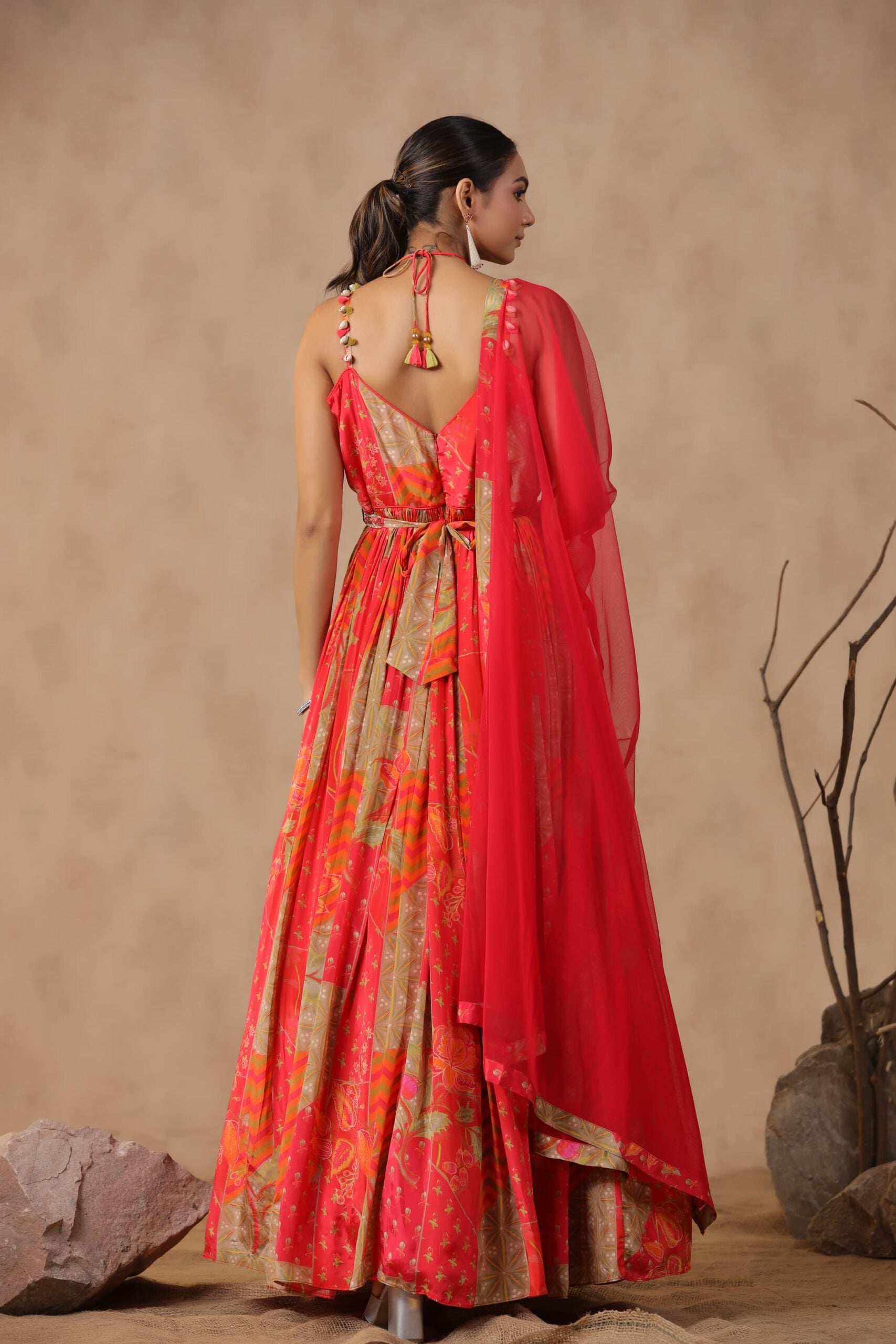 Orange Floral print 2-pcs gown and dupaatta set