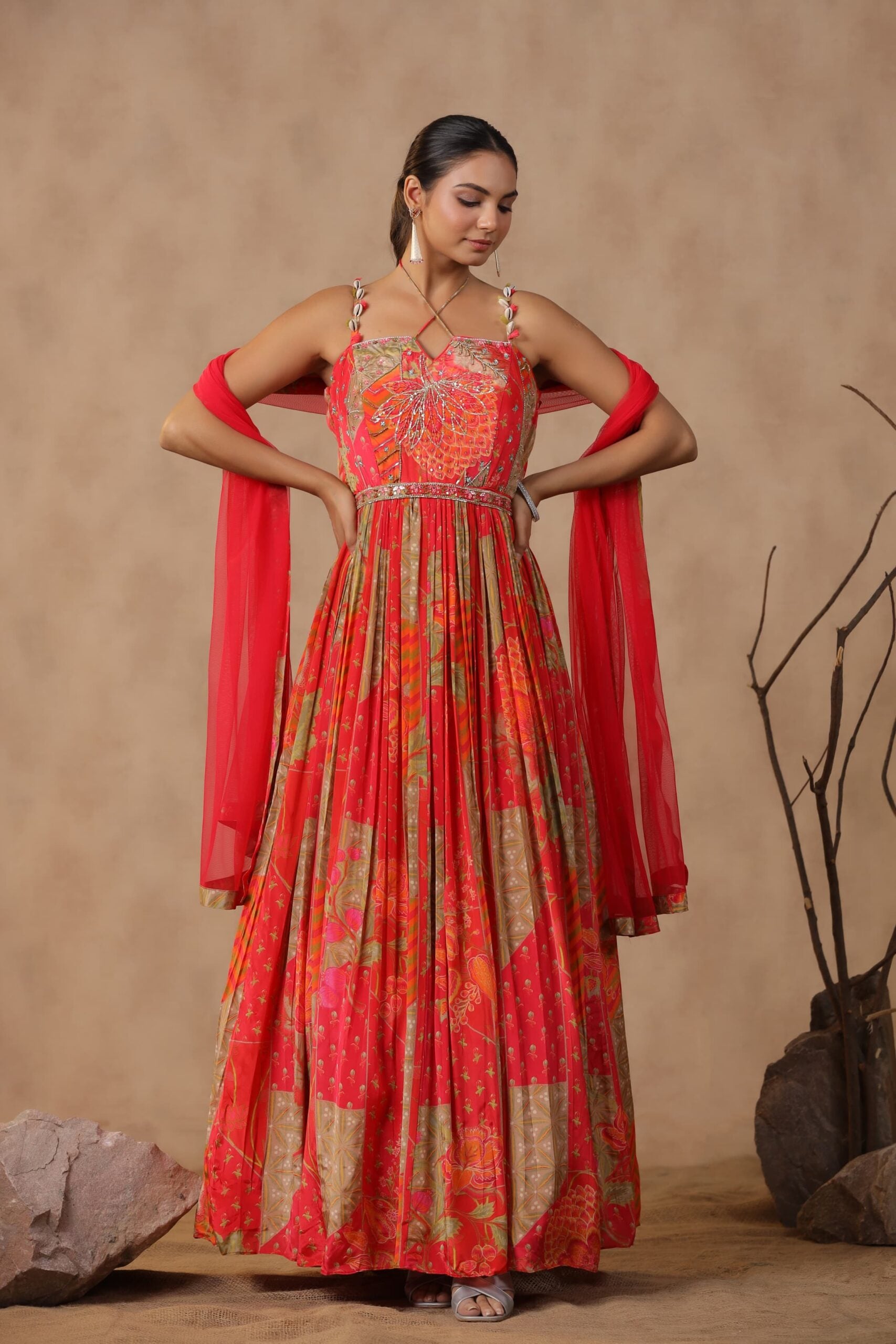 Orange Floral print 2-pcs gown and dupaatta set