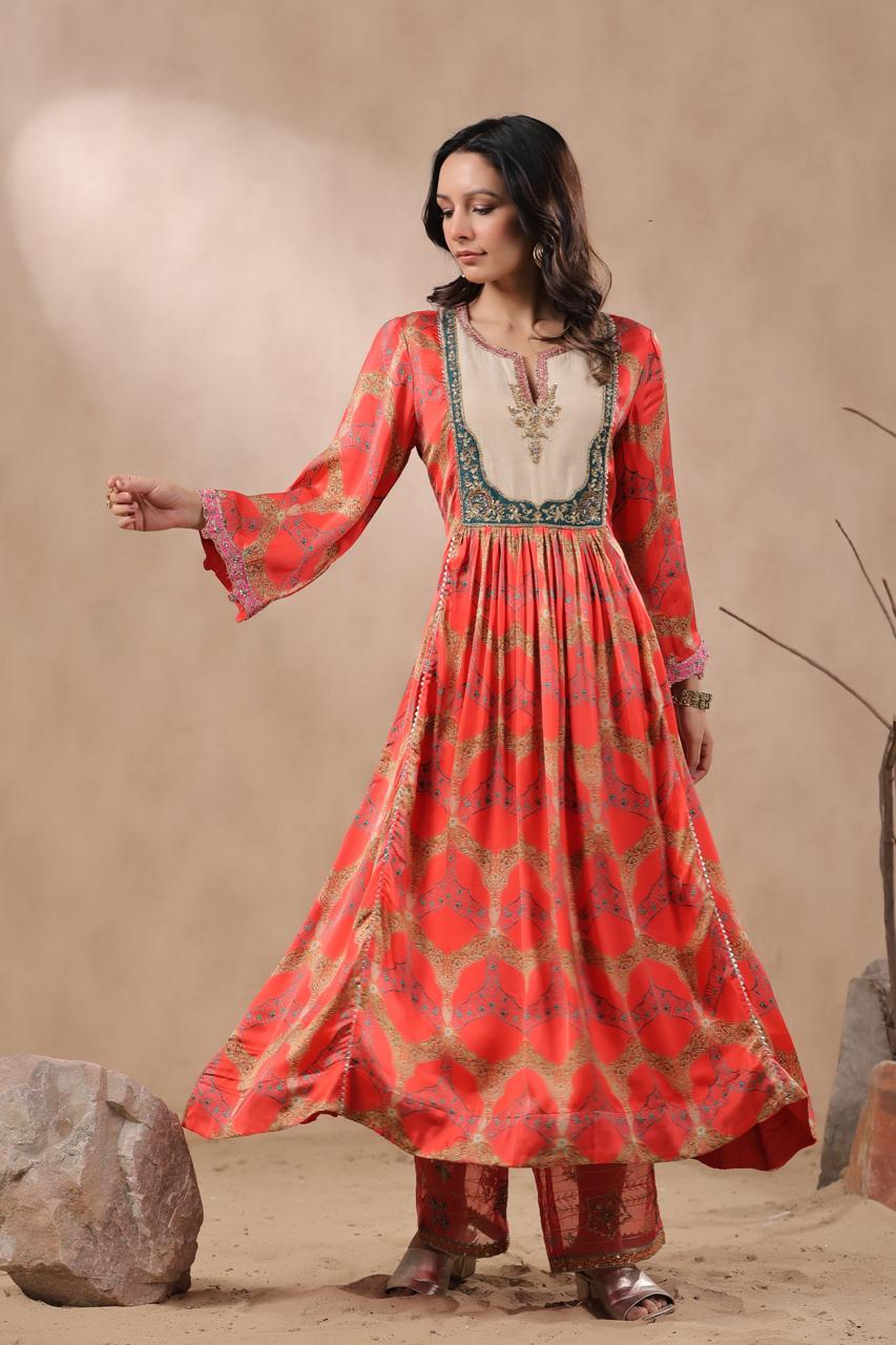 Orange floral gaji silk palzzo suit set