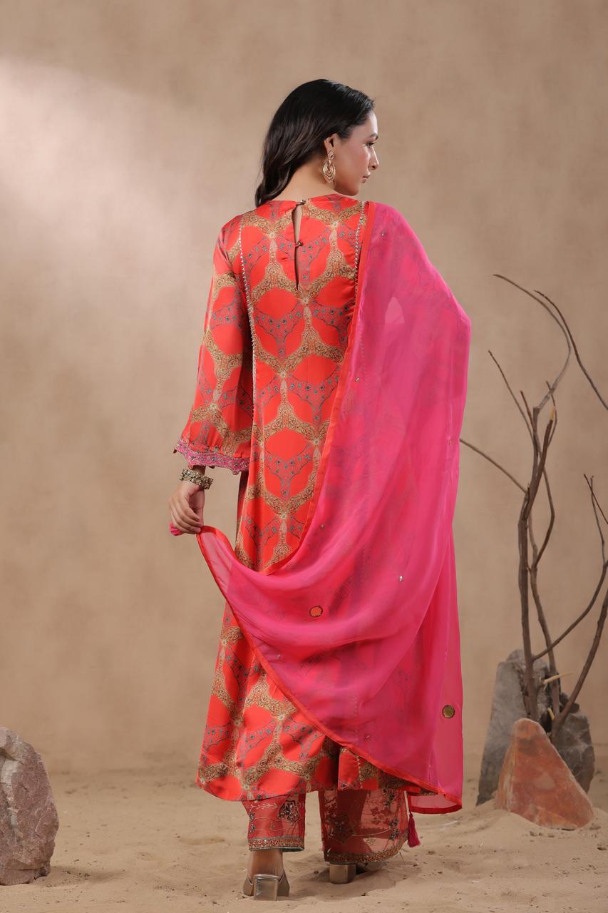 Orange floral gaji silk palzzo suit set