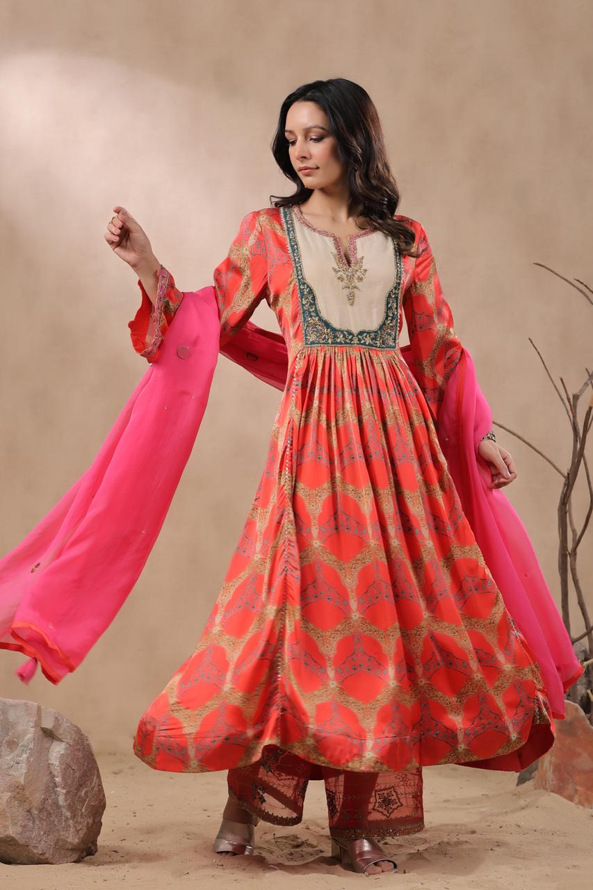 Orange floral gaji silk palzzo suit set