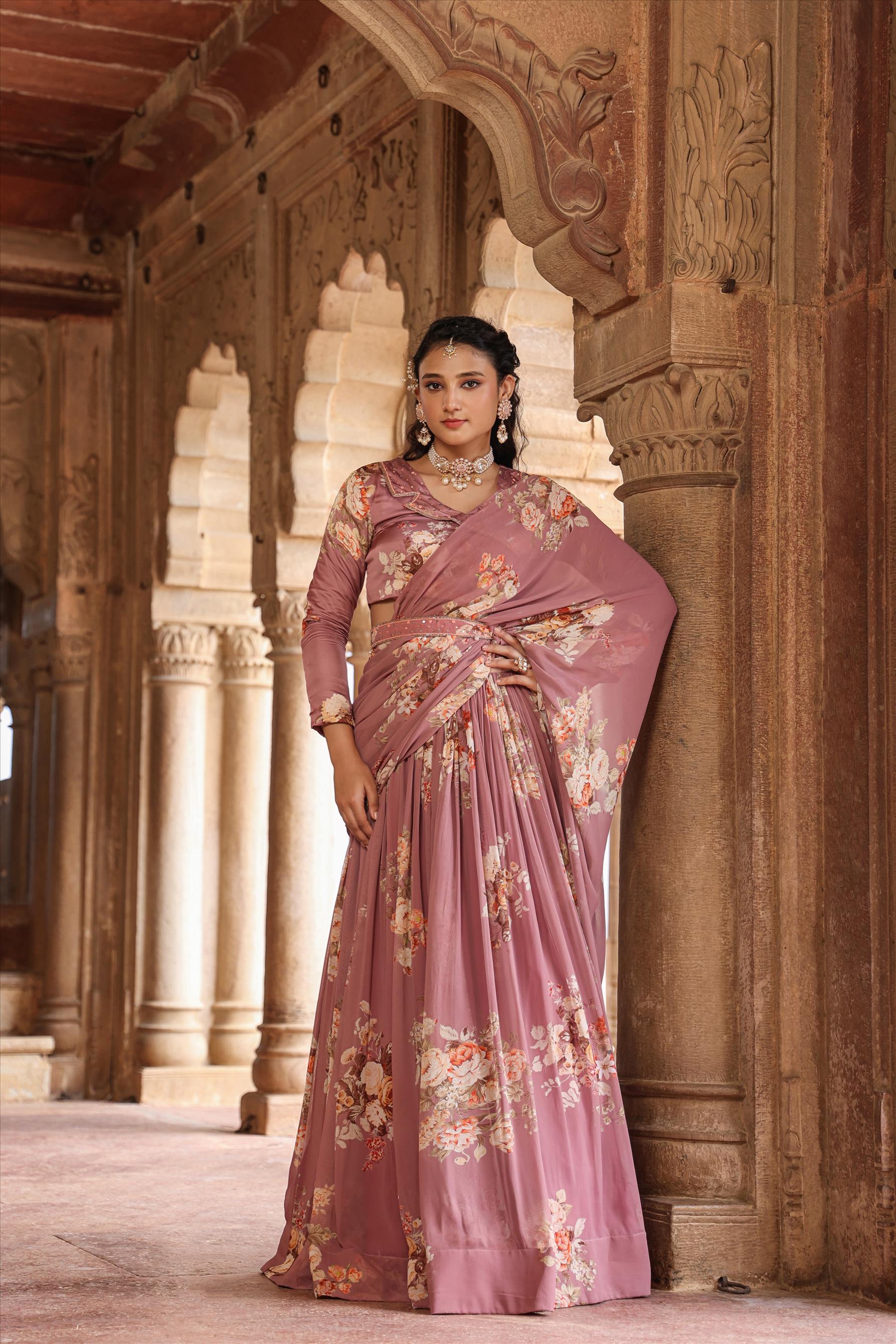 Peach colored drape saree