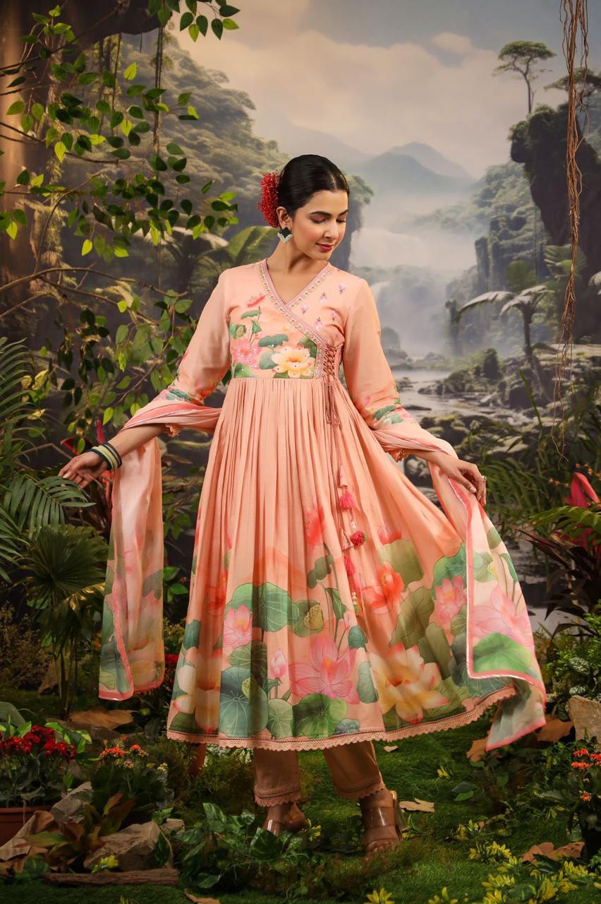 Peach colored floral print Kurta suit set