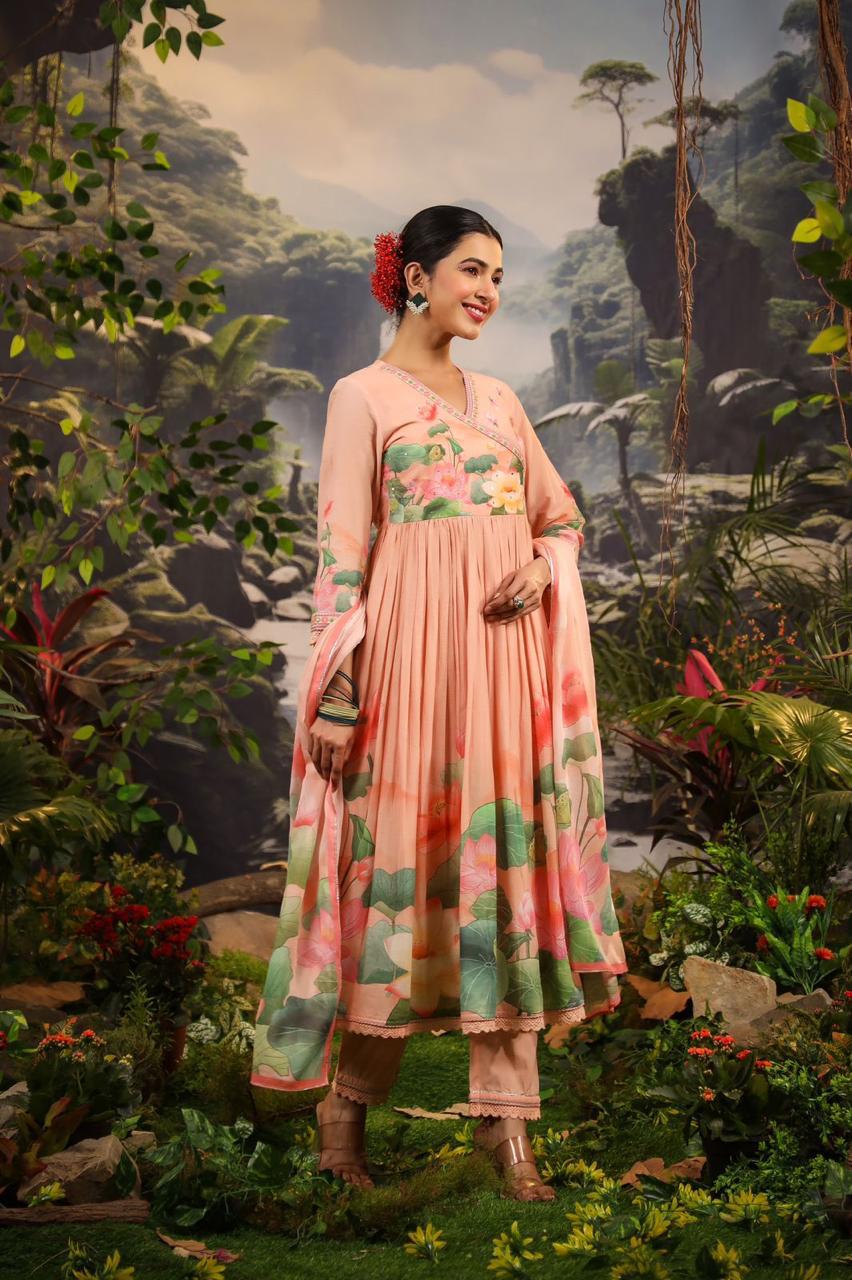 Peach colored floral print Kurta suit set