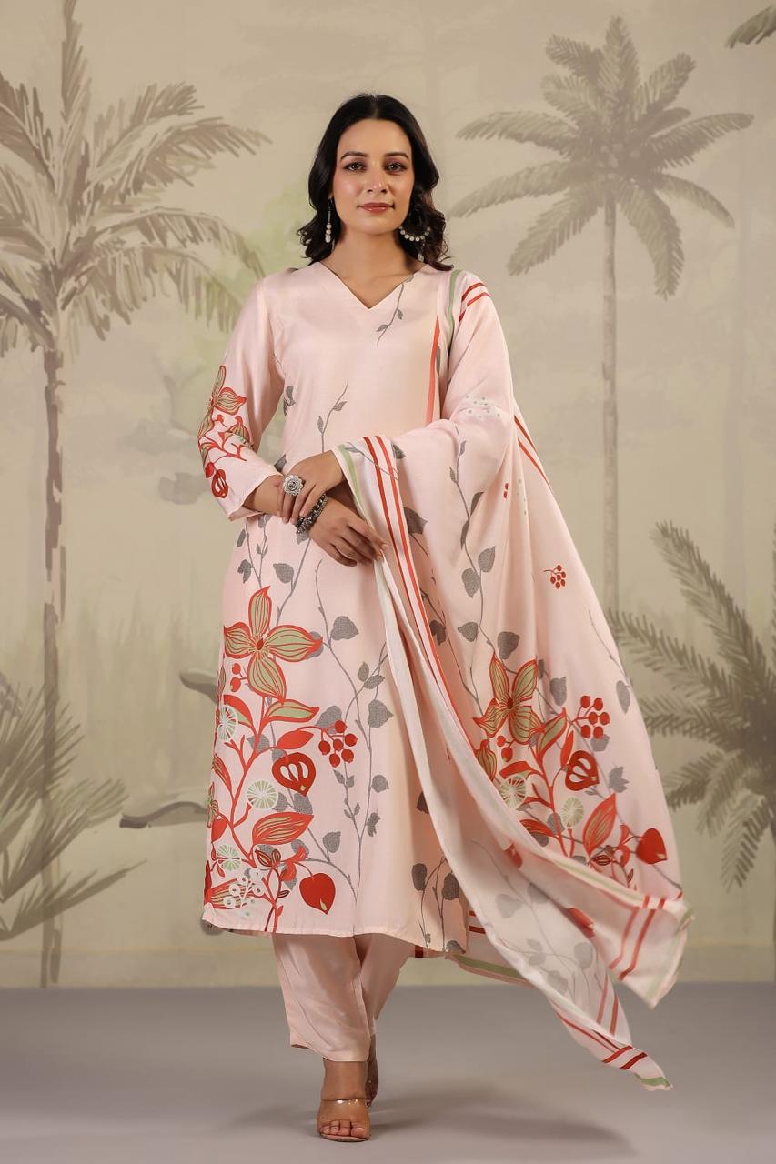 Peach flower print suit set