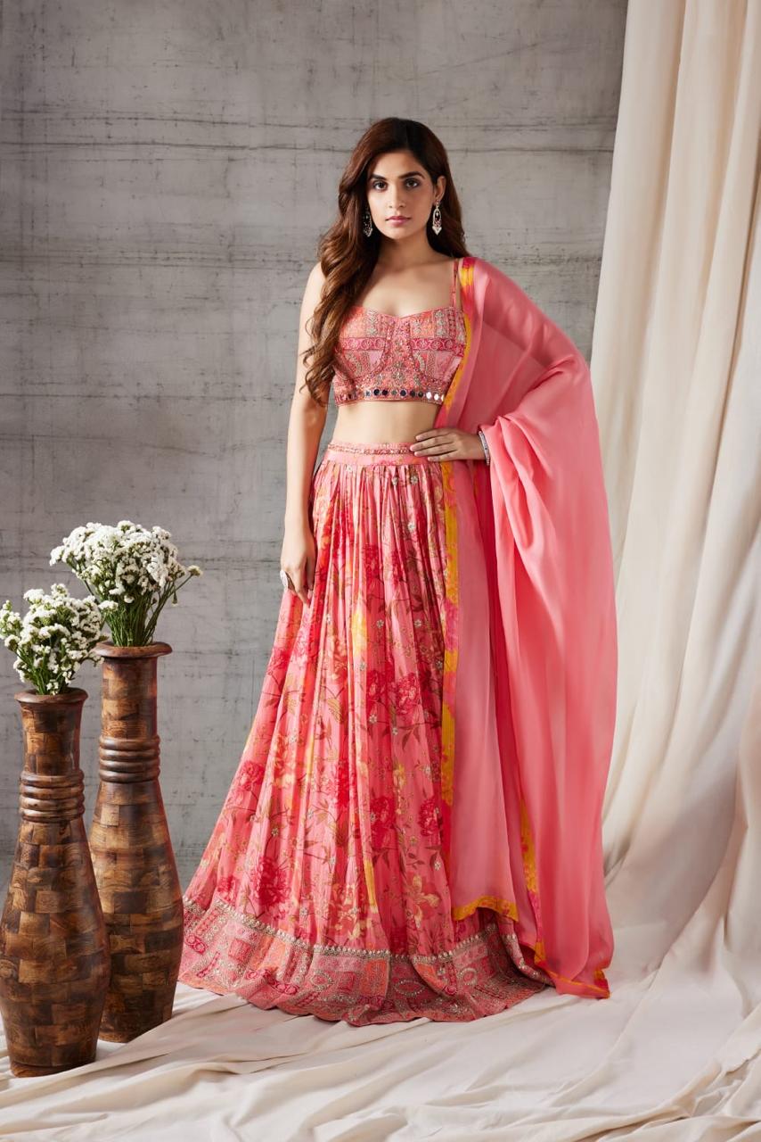 Pink colored bustier lehenga set