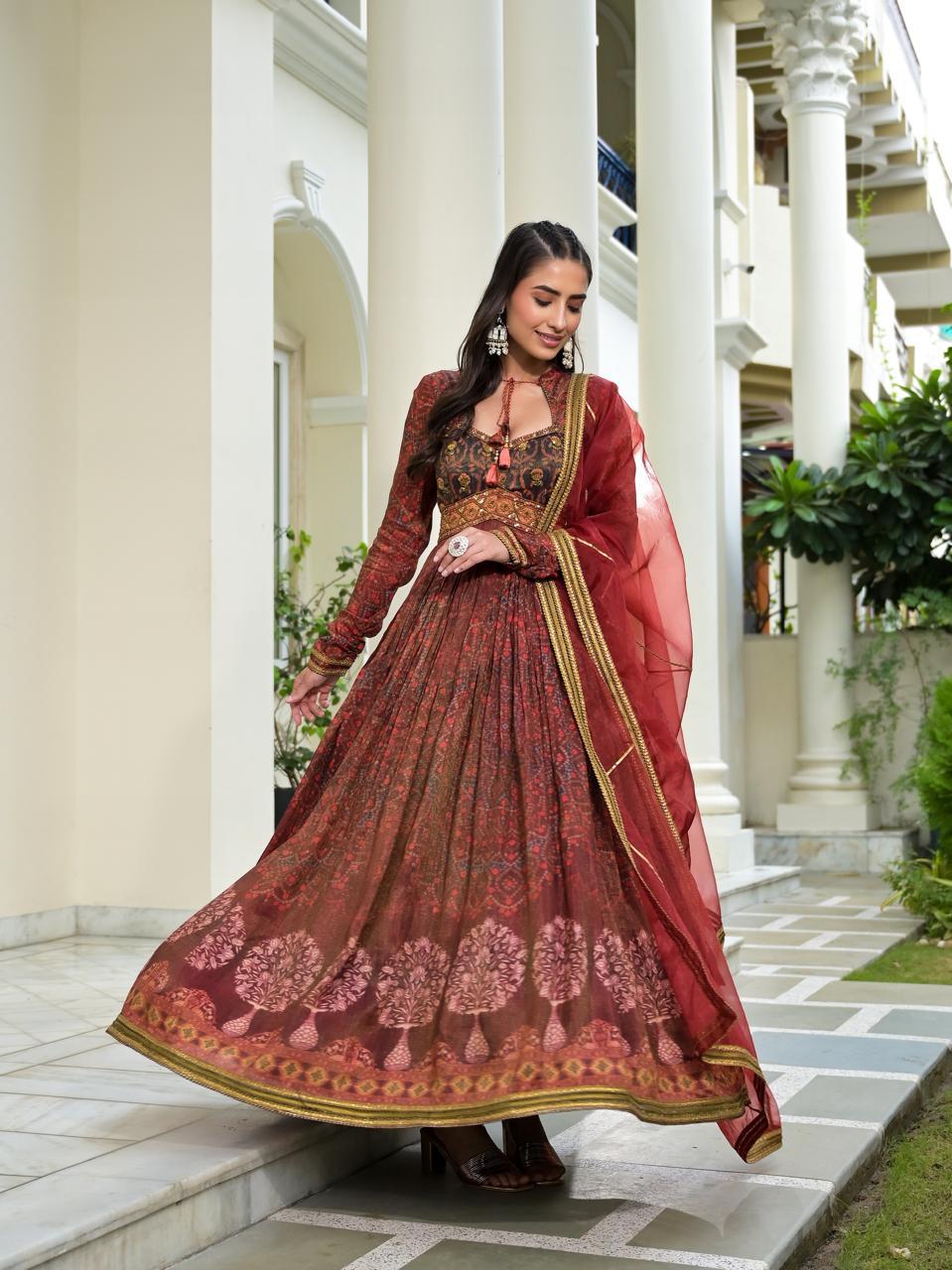 Premium festive wear Tissue silk Anarkali suit set