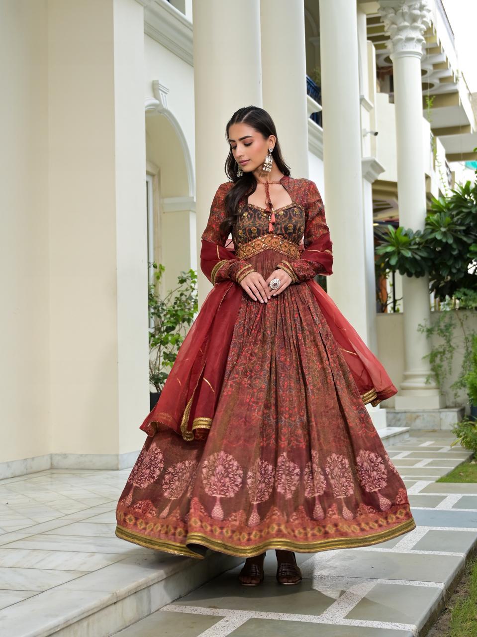 Premium festive wear Tissue silk Anarkali suit set