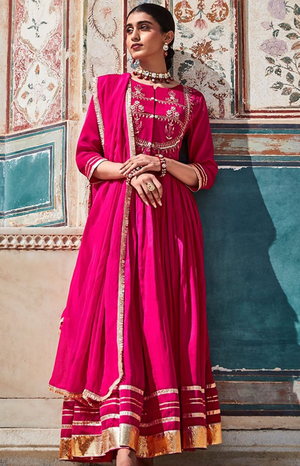 Rani Pink anakali zari crepe suit set