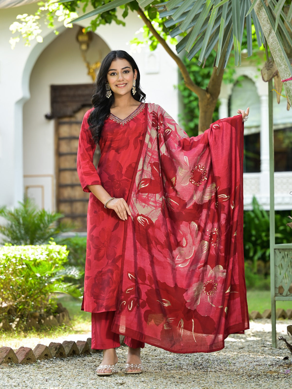 Red Floral printed self, Design Zari and sequence Kurta set