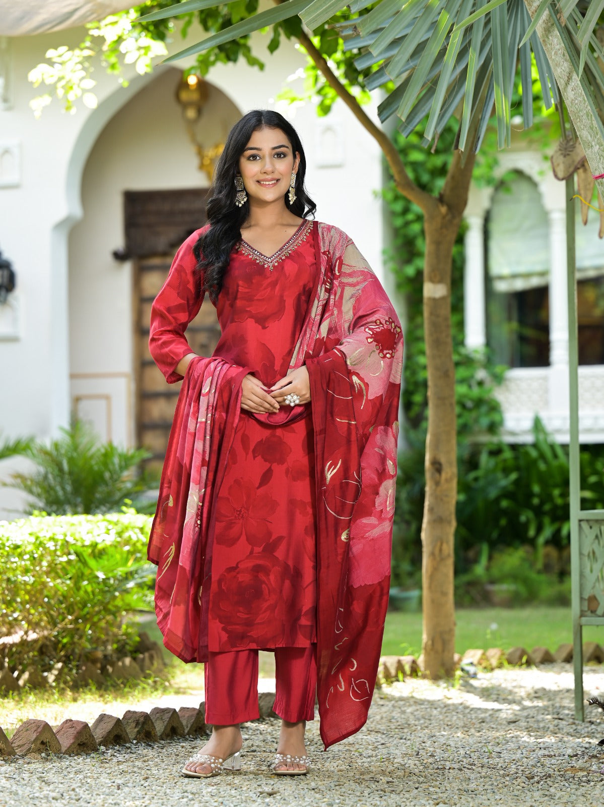 Red Floral printed self, Design Zari and sequence Kurta set