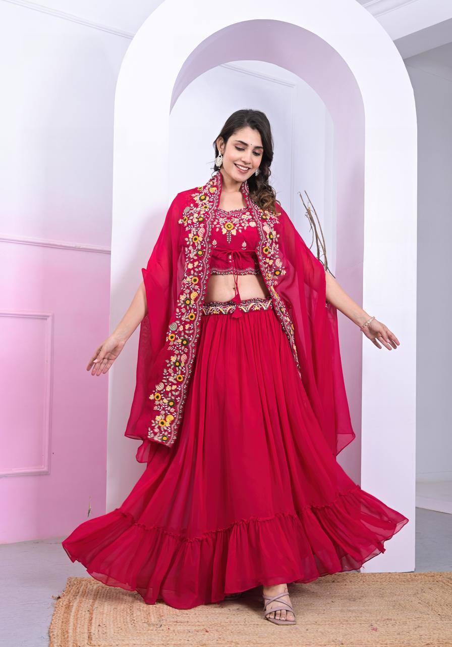 Red colroed 3-pcs lehenga