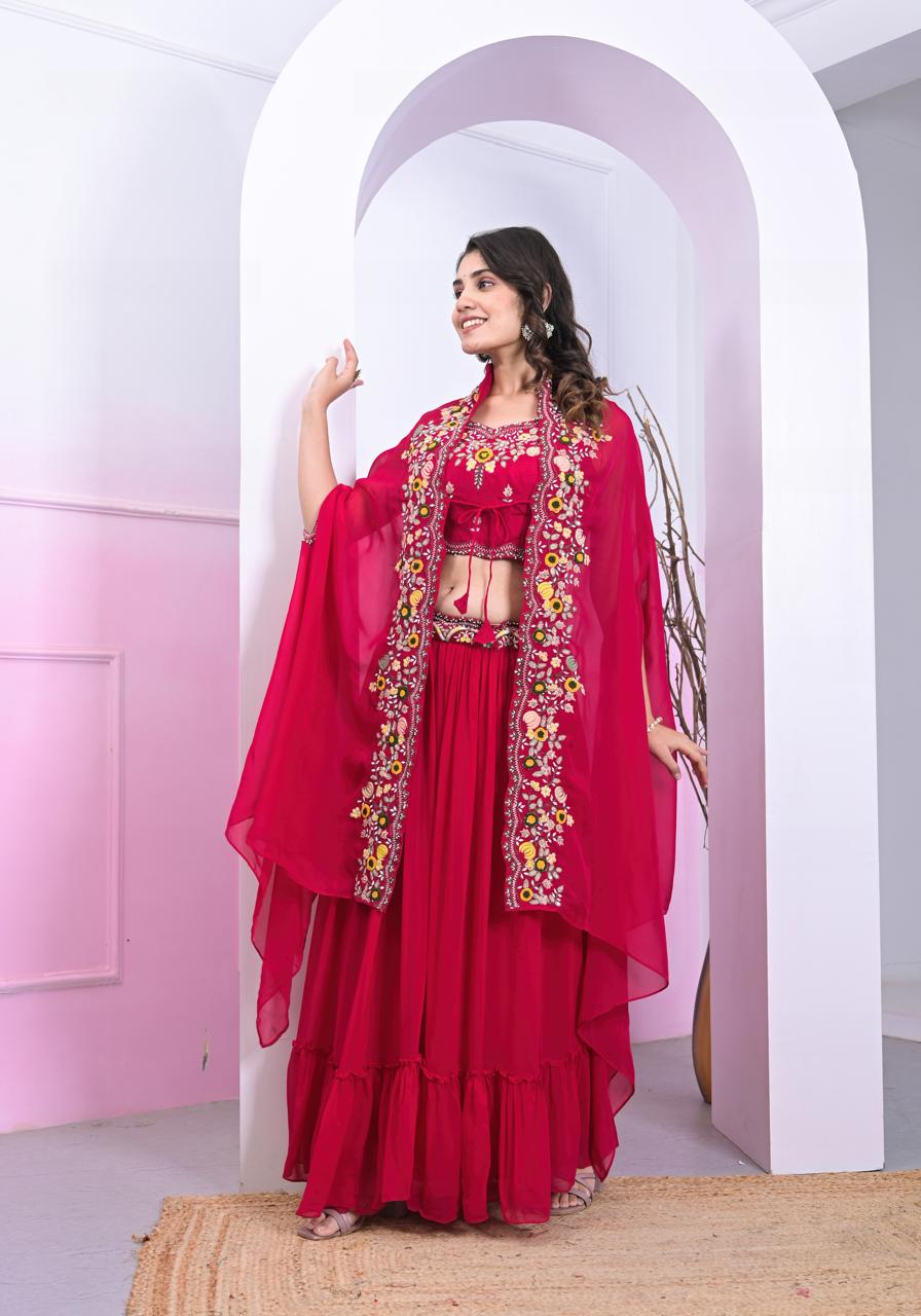 Red colroed 3-pcs lehenga