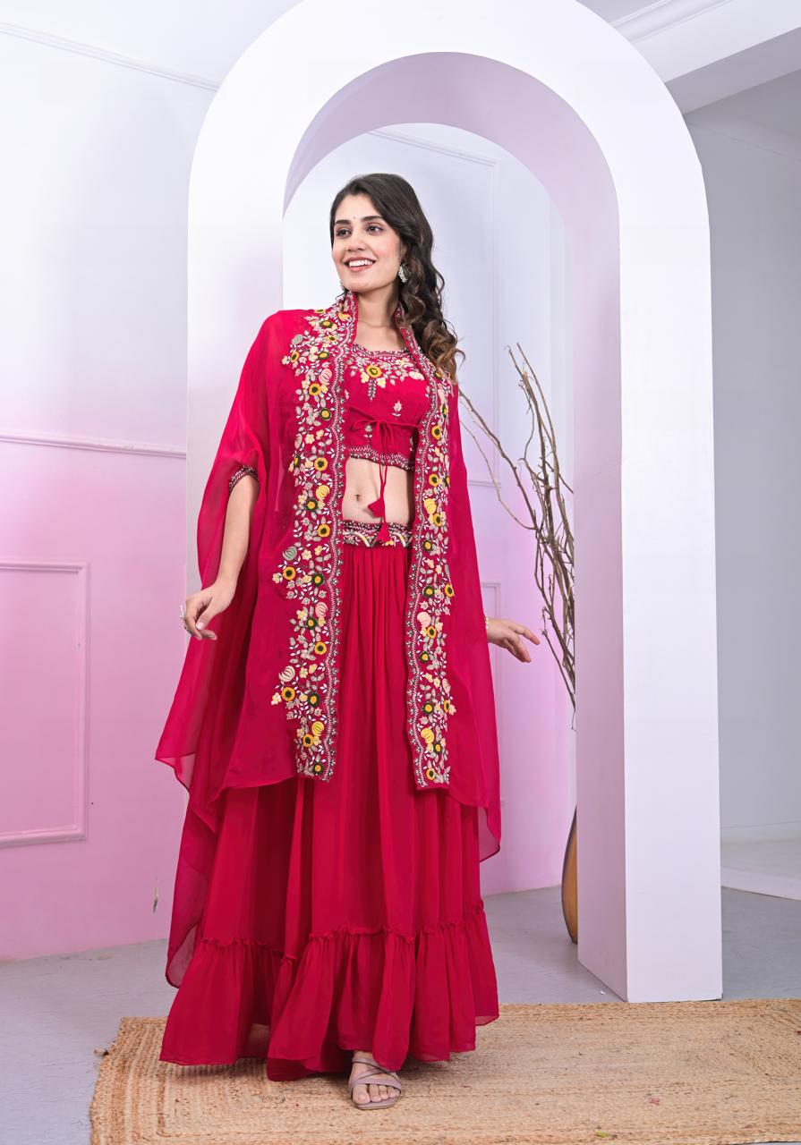 Red colroed 3-pcs lehenga